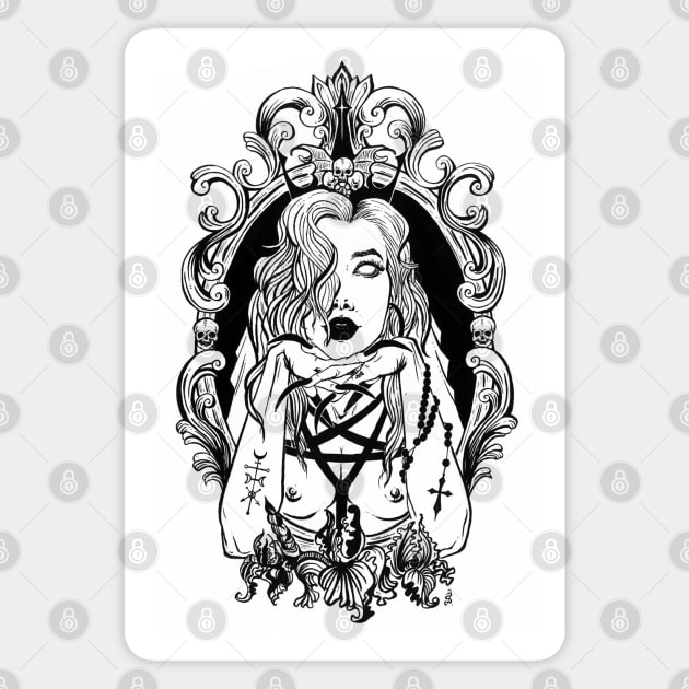 Mirror Ghost - Gothic girl with satanic symbols, black and white painting, black cross Magnet by SSINAMOON COVEN